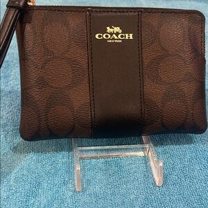 Coach Dark Brown Signature Wristlet with 2 credit card slots